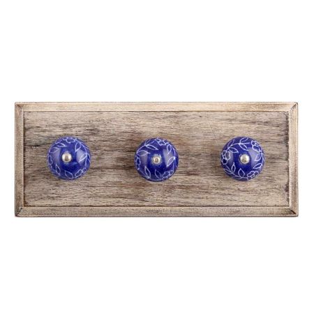 Navy Blue Leaf Floral Ceramic Wooden Hooks